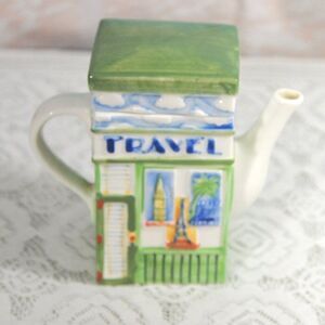 Vintage Double-Sided Ceramic Teapot Travel Agency Luggage Shop Theme Collectible